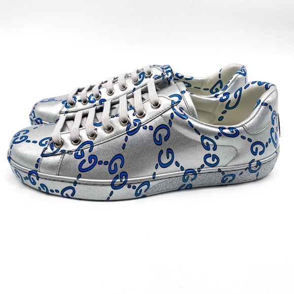GUCCI Ace GG Coated Leather Sneakers Silver Mens - Picture 3 of 14